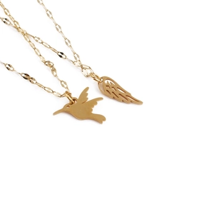 Collana Doppio Strato Con Ciondolo A Forma Di Colibrì E Ala Di Angelo In Acciaio Inossidabile Placcato Oro Per Donna