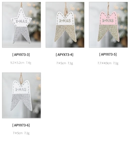 Detailed view of four glittery Christmas tree ornaments with size and weight specs