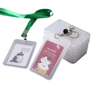 Transparent matte PP ID card holder with green lanyard and metal keychain attachment