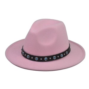 Detail of pink wool felt fedora with black leather band and blue turquoise studs