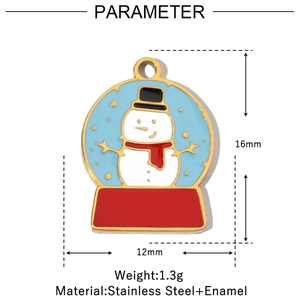 Detailed view of enamel snowman charm with 16mm height and 12mm width measurements
