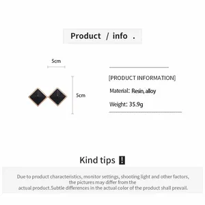 Detailed size chart for square resin earrings with gold alloy frame and product specs