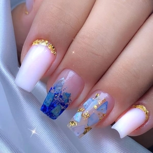 French Tip Coffin Press On Nails Long Artificial Fake Nails Gold Foil Blue Glitter Fragments Luxury Manicure Decoration