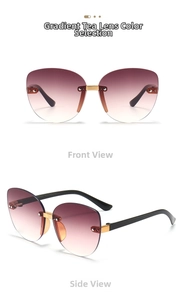Detail of rimless butterfly sunglasses with gradient brown lenses and gold metal bridge