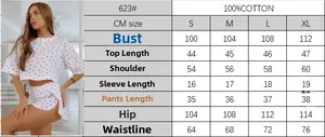 Guide des tailles pour ensemble pyjama femme 100% coton à imprimé cœurs avec dimensions précises