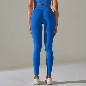 Vue arrière du legging de yoga sans couture taille haute bleu électrique et gainant