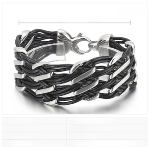 Close-up of double-layer black braided cowhide leather bracelet with steel clasp detail