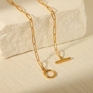 Elegant gold-tone stainless steel paperclip chain necklace with a stylish toggle clasp