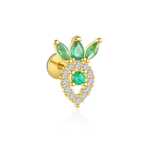 Macro shot of 925 silver stud earring with green zircon in crown shape and screw back