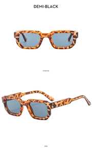 Macro detail of tortoiseshell square sunglasses with blue lenses from front and side views