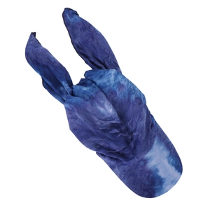 Detail of blue tie-dye bandana hat with rabbit ears knot on a clean white background