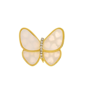 Elegant gold butterfly brooch with natural mother of pearl wings and zircon crystals