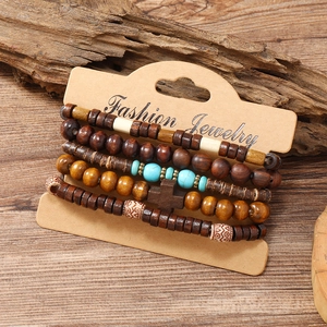 Retro multi-layered wooden beaded bracelet set with cross pendant and turquoise beads