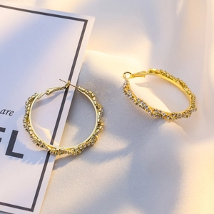 Detailed close-up of golden hoop earrings featuring micro-pave sparkling white zircons