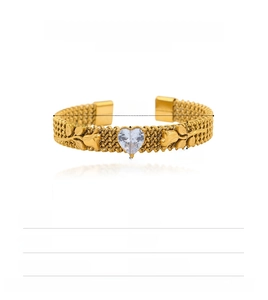 Detailed specs of stainless steel cuff bracelet with heart zircon and rose relief