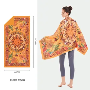 Serviette de plage en microfibre orange motif soleil, séchage rapide, 160x80cm