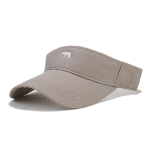 Khaki sun visor hat with polar bear embroidery shown from a 45-degree angle