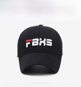 Close-up of FBXS 3D letter embroidery on black cotton twill baseball cap with red bar detail