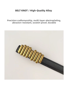 Macro shot of black lychee grain leather belt with gold alloy multi-tube metal buckle