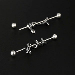 Vintage silver industrial barbell earrings with snake design in stainless steel