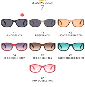 Collection of curved oval sunglasses in seven colors including black, beige, and red tones