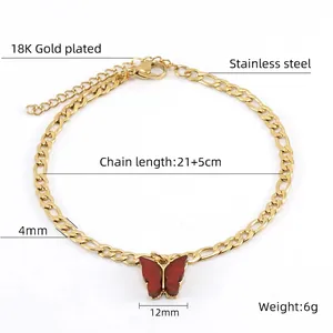 18K gold plated stainless steel Figaro chain anklet with red butterfly pendant