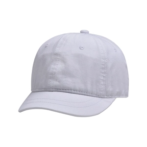 Detailed close-up of a white six-panel cotton baseball cap with short brim and eyelets