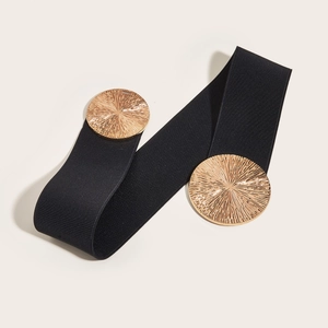 Elastic wide belt for women featuring gold circular metal buckles with radial textures