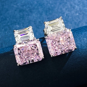 Luxury S925 sterling silver stud earrings featuring 8x10mm pink and white carbon diamonds