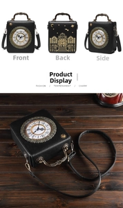 Three-view display showing front, back, and side of the clock-shaped Gothic handbag