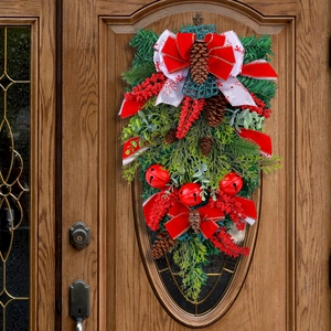 Christmas Teardrop Swag Artificial Pine Branch Red Bow Metal Bell Pine Cone Berry Front Door Wall Hanging Holiday Decor