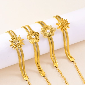 Double Layer Snake Bone Chain Bracelet Stainless Steel Flower Sun Daisy Artificial Pearl Rhinestone Adjustable For Women Fashion Jewelry