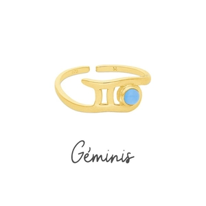 Detail of 18K gold-plated Gemini ring showing 925 stamp and blue zircon birthstone