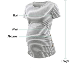 Tabella taglie con misure di busto e vita per t-shirt premaman a righe a maniche corte