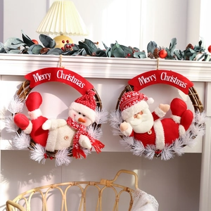 Handmade Christmas rattan wreaths featuring plush Santa Claus and Snowman hanging ornaments