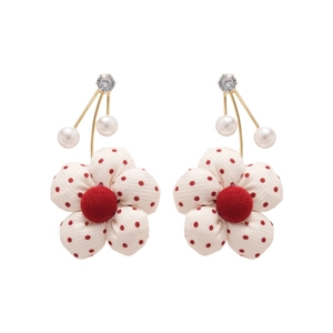 Floral stud earrings with red polka dots fabric petals, pearls and zircon accents