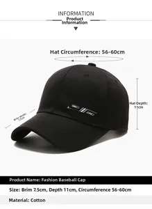 Detailed size chart for black cotton baseball cap with BHD SOHUDA embroidery
