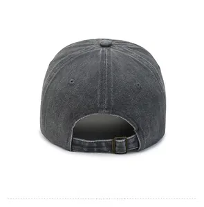 Detail view of the washed grey denim baseball cap with an adjustable metal back buckle