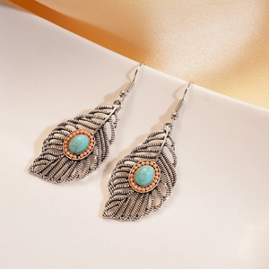 Vintage feather silver earrings with turquoise center and coral beads on silk