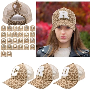Distressed Leopard Print Baseball Cap For Women With Ponytail Hole Mesh Back Initial Letter Patch Cotton Trucker Hat