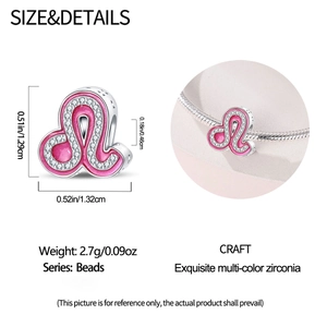 Pink Leo zodiac charm bead in silver-plated copper with zircon and size dimensions
