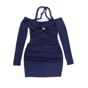 Detail view of dark blue ruched dress with front twist knot and metal ring hardware