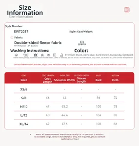 Tableau des tailles pour gilet en polaire avec mesures de XS à XL et détails du tissu