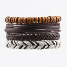 360-degree view of multi-layer leather bracelets with wooden beads and woven ropes