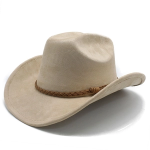 Detail of wide brim beige suede cowboy hat with brown braided leather band decoration