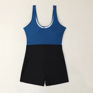 Blue and black two-tone one-piece swimsuit with U-neckline and boyshort bottom coverage