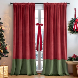 Christmas velvet blackout curtains with red and green patchwork and decorative bow ties