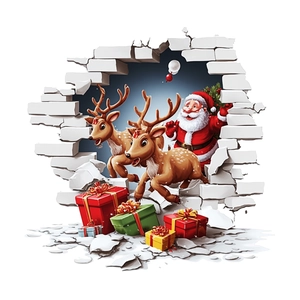3D Christmas Santa Claus and reindeer wall sticker with gift boxes breaking through the wall