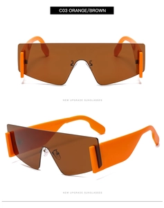Detail view of orange oversized rimless sunglasses with brown lenses from multiple angles