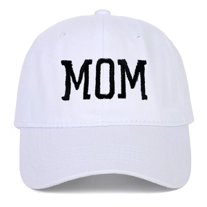 Classic white cotton baseball cap with black MOM embroidery on the front